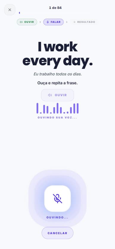 VocabRepeat, tela de treino de pronúncia, ouvindo sua voz