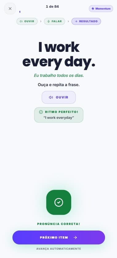 VocabRepeat, pronúncia correta, avançando para próxima palavra